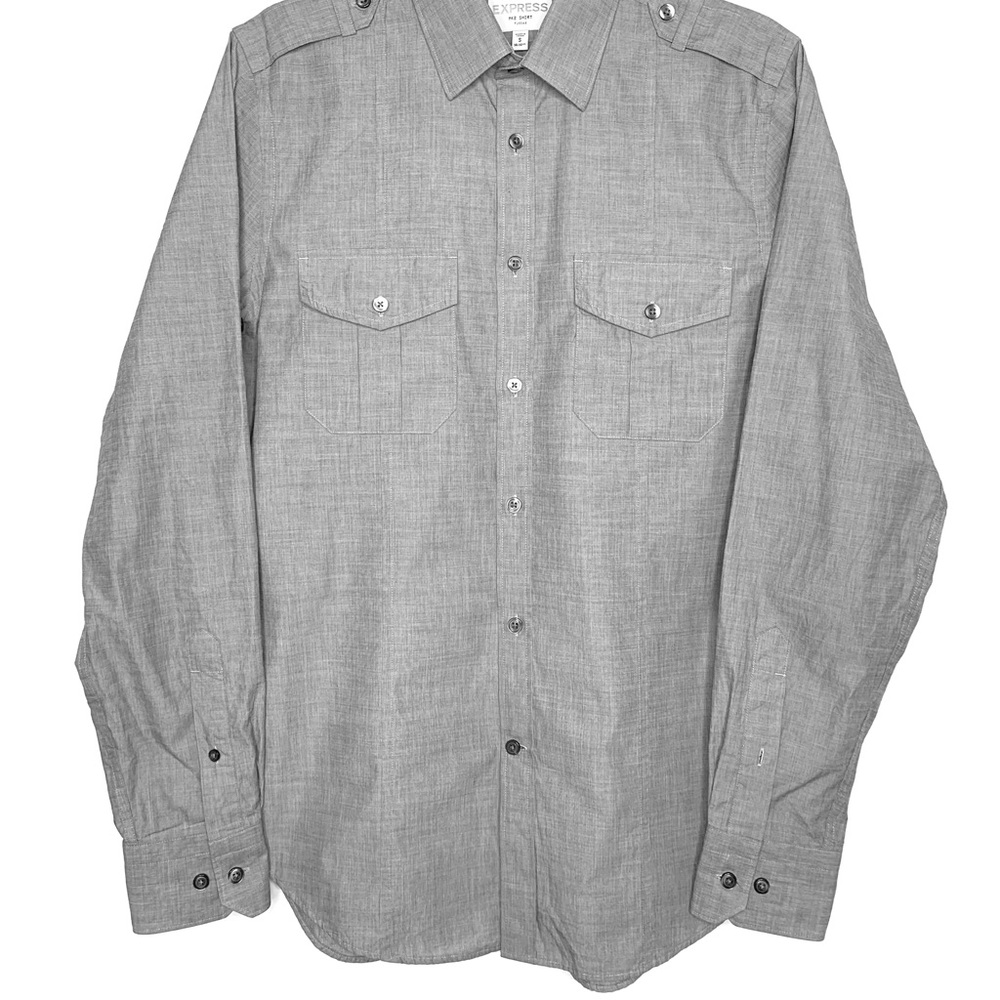 Express Men's Gray Fitted L/S Button Shirt MK2 Military Slim Stretch Sm/14-14.5